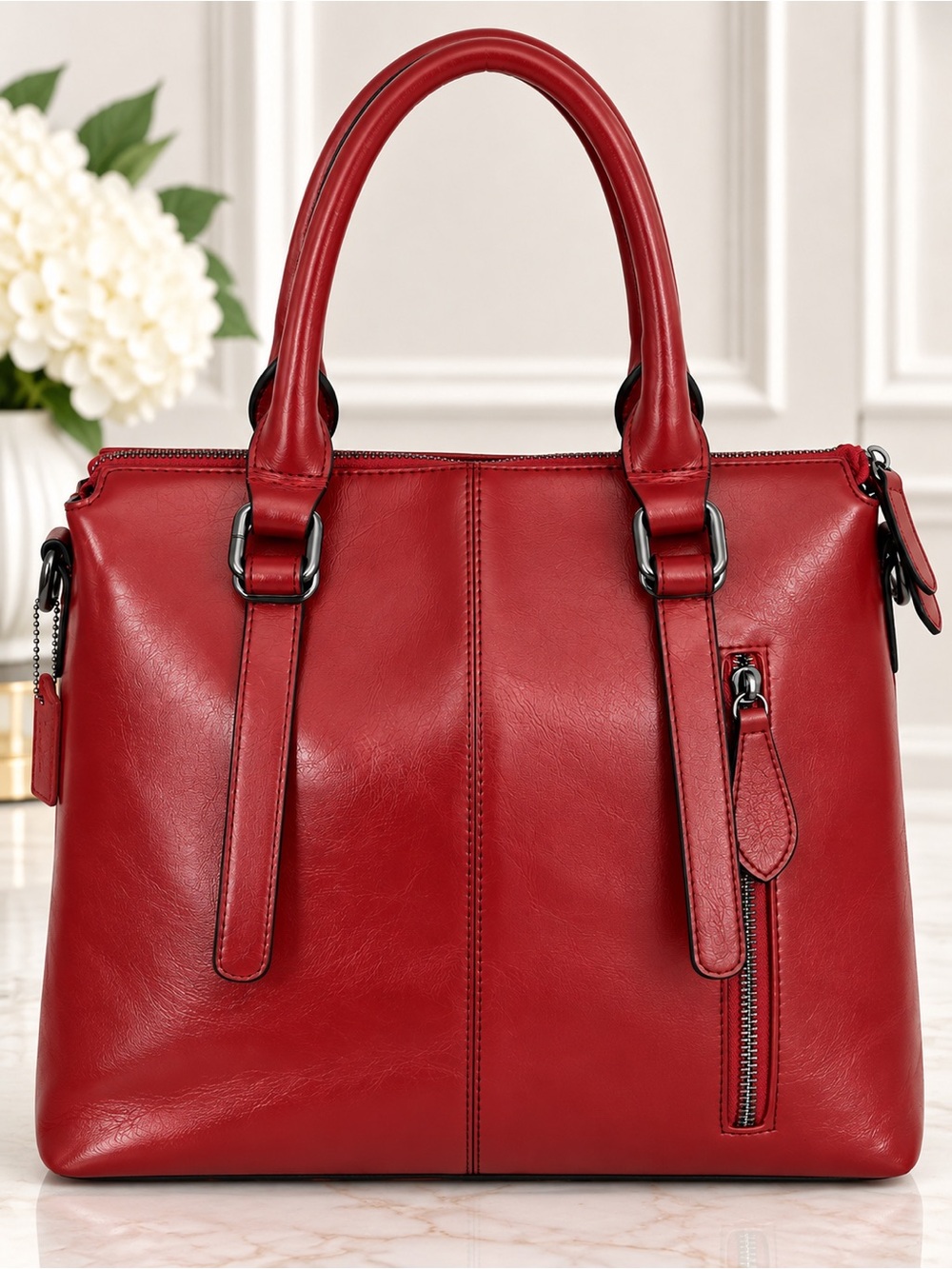 Classic Red Leather Tote Handbag - Women's Bag